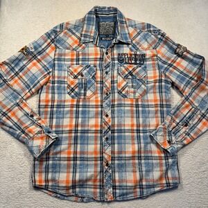 Y2K Affliction Plaid Long Sleeve‎ Flannel Shirt Mens L Embroidered Patches